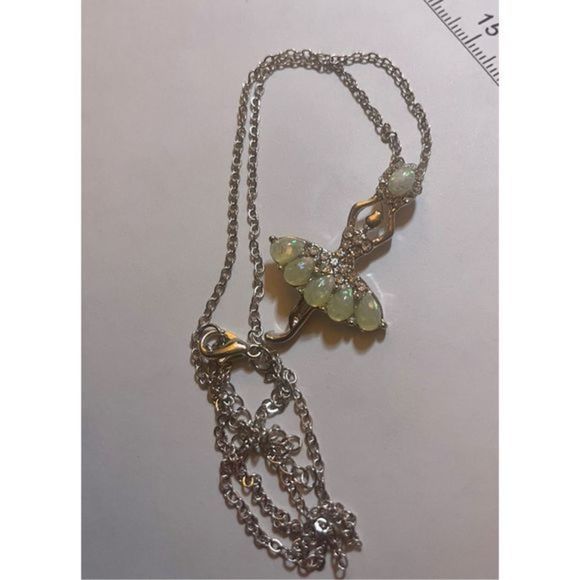 STUNNING WHITE OPAL N SAPPHIRE ON SILVER BALLERINA NECKLACE - Picture 3 of 8